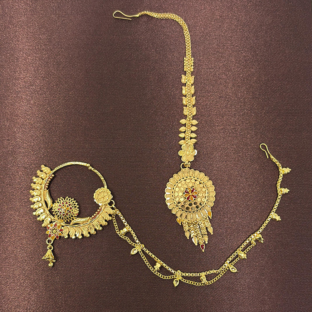 Pari Art Jewellery Elegant Forming Nose Ring With Maangtikka Combo Set