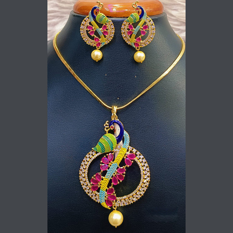 Jain Jewellers Gold Plated AD Stone And Meenakari Chain Pendant Set