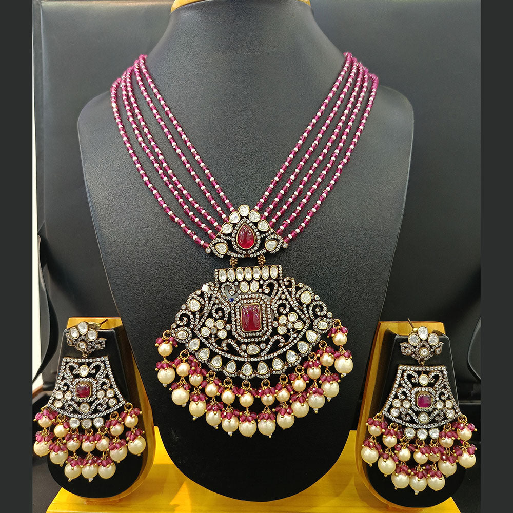 Jain Jewellers 2 Tone Plated Polki Kundan And Pearls Long Necklace Set