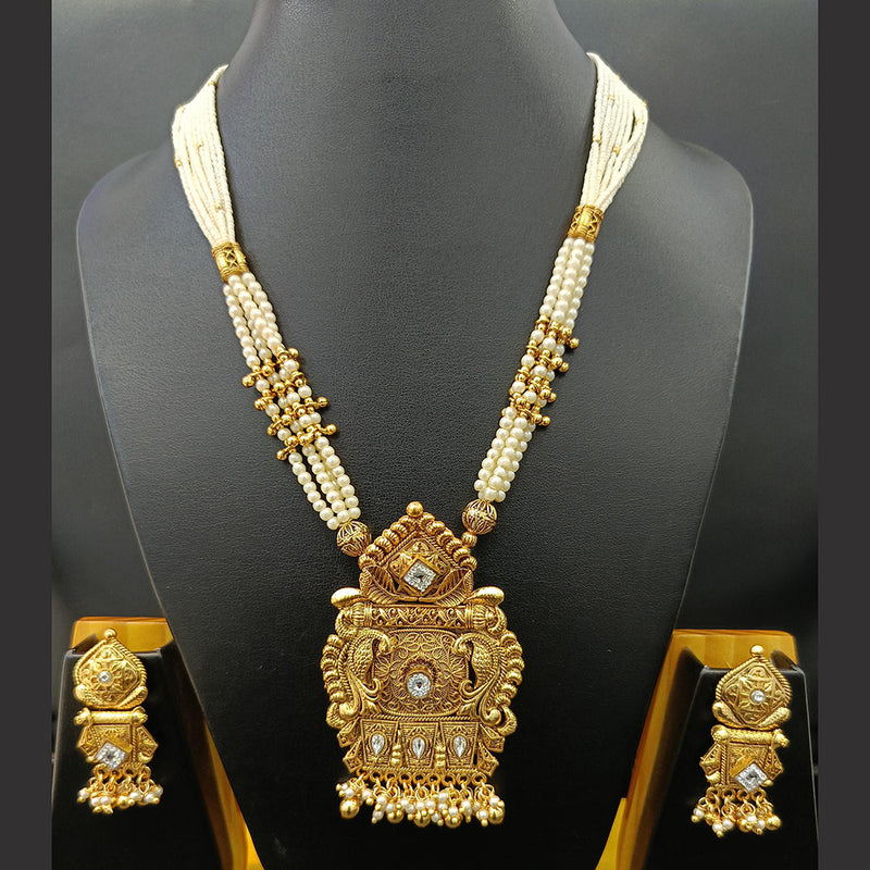 Jain Jewellers Gold Plated Austrian Stone And Pearl Long Necklace Set