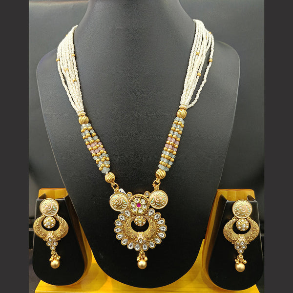 Jain Jewellers Gold Plated Kundan Stone And Pearl Meenakari Long Necklace Set