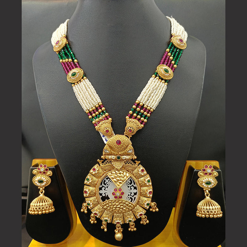 Jain Jewellers Gold Plated Kundan Stone And Pearl Meenakari Long Necklace Set