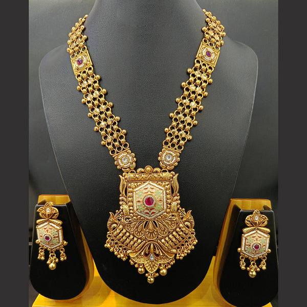 Jain Jewellers Gold Plated Kundan Stone And Pearl Meenakari Long Necklace Set