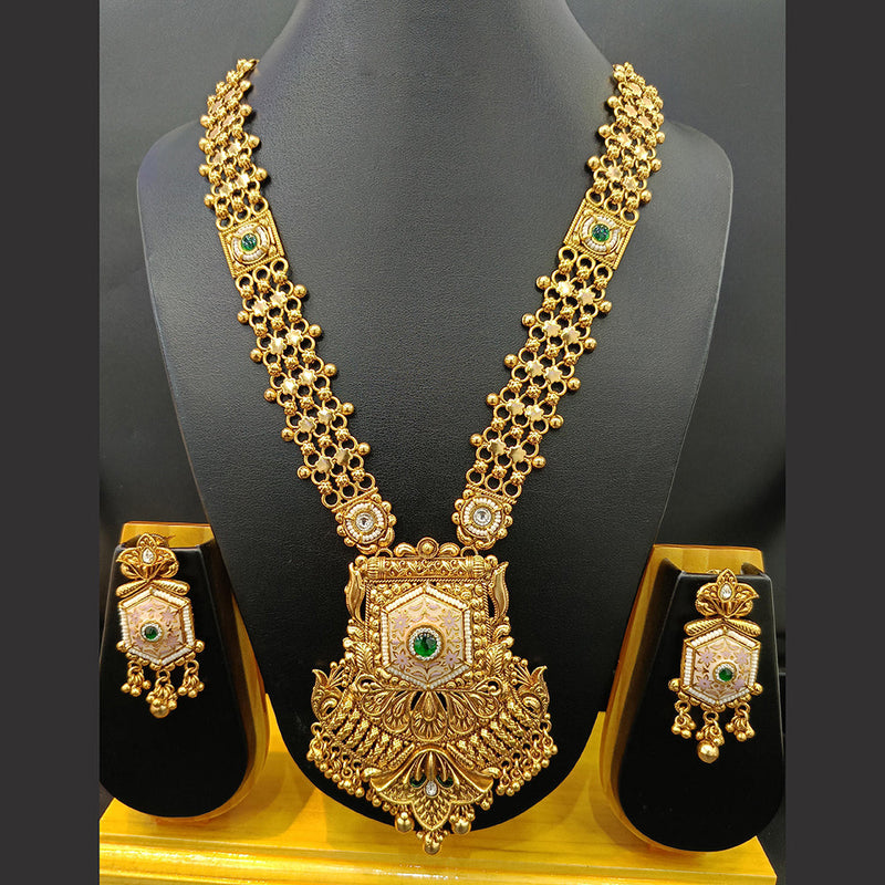 Jain Jewellers Gold Plated Kundan Stone And Pearl Meenakari Long Necklace Set