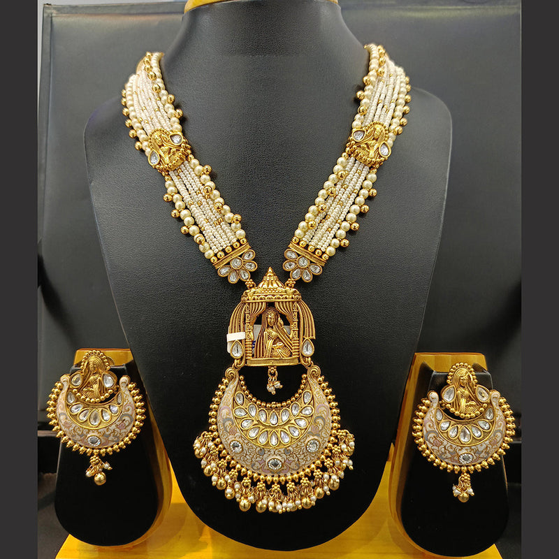 Jain Jewellers Gold Plated Kundan Stone And Meenakari Temple Long Necklace Set