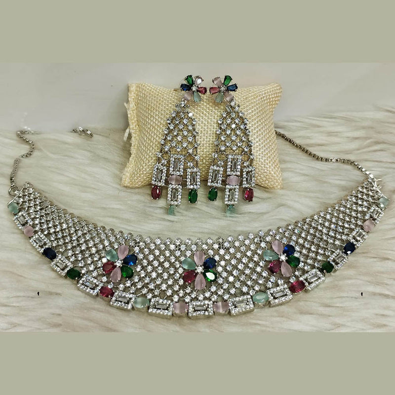 Jain Jewellers Silver Plated AD Choker Necklace Set