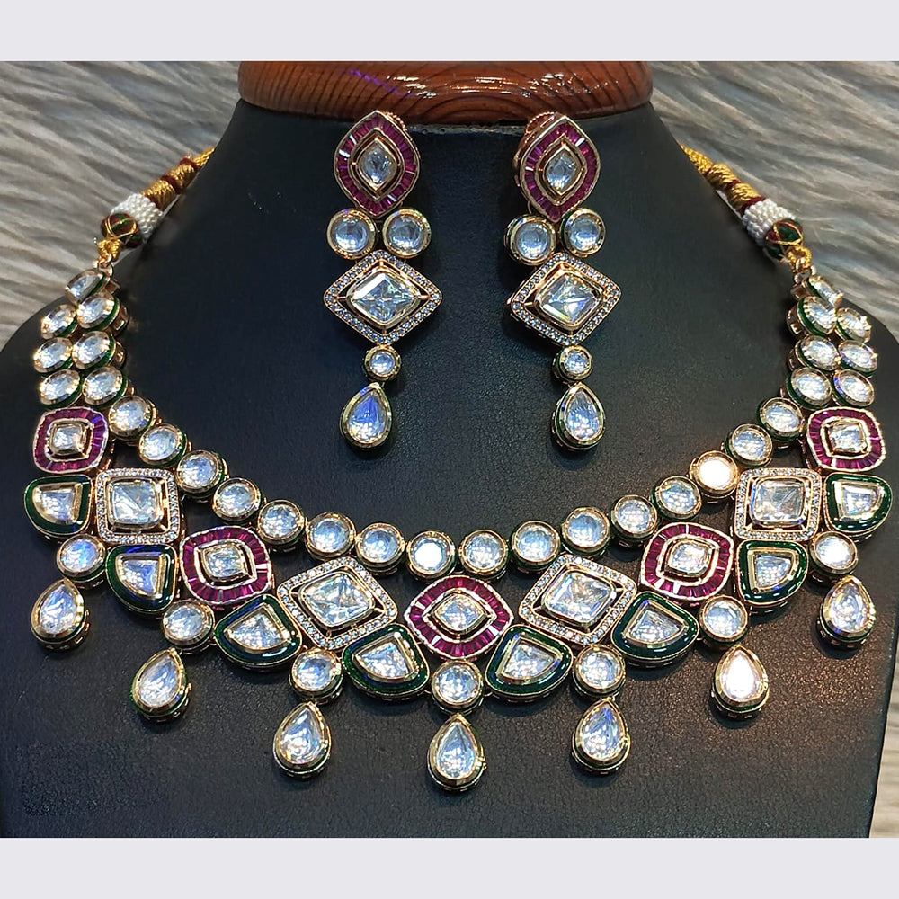 Jain Jewellers Gold Plated Polki Kundan Stone And Meenakari Necklace Set