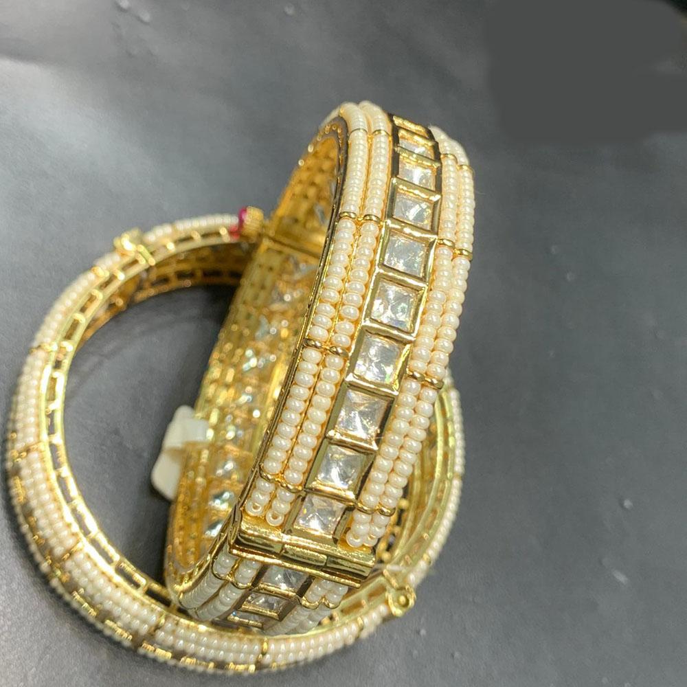 Jain Jewellers Gold Plated Polki Kundan And Pearl Openable Bangles Set