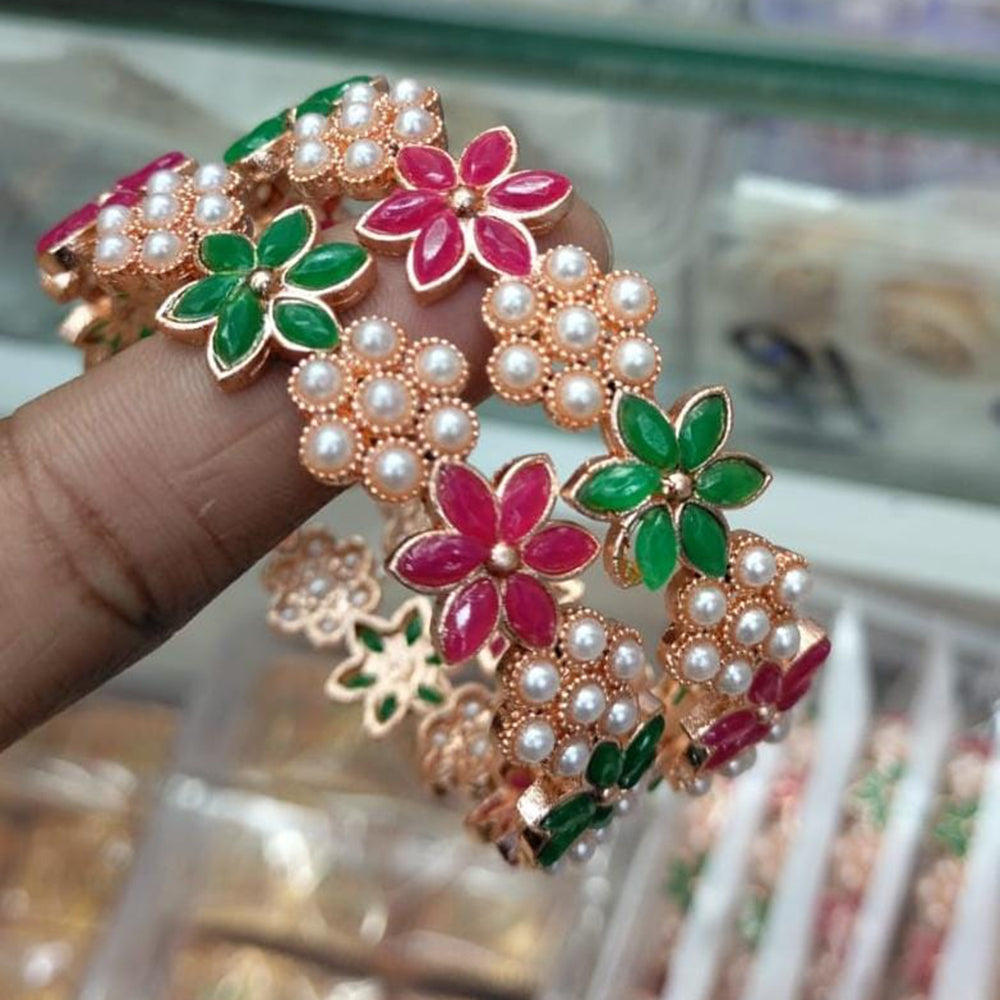 Kavita Art  Rose Gold Plated Pota Stone And Pearl Bangles Set