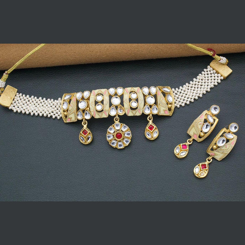 Kavita Art Gold Plated Kundan Stone And Pearls Meenakari Choker Necklace Set