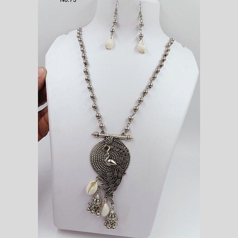 Kavita Art Oxidised Plated Peacock Style Shell Long Necklace Set