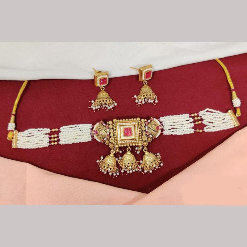 Kavita Art Gold Plated Pota Stone And Pearls Choker Necklace Set