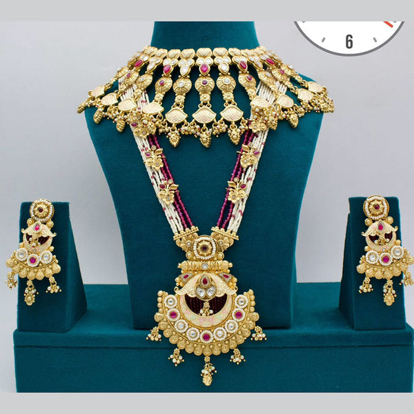 Kavita Art Gold Plated Pota Stone And Pearls Meenakari Double Necklace Set