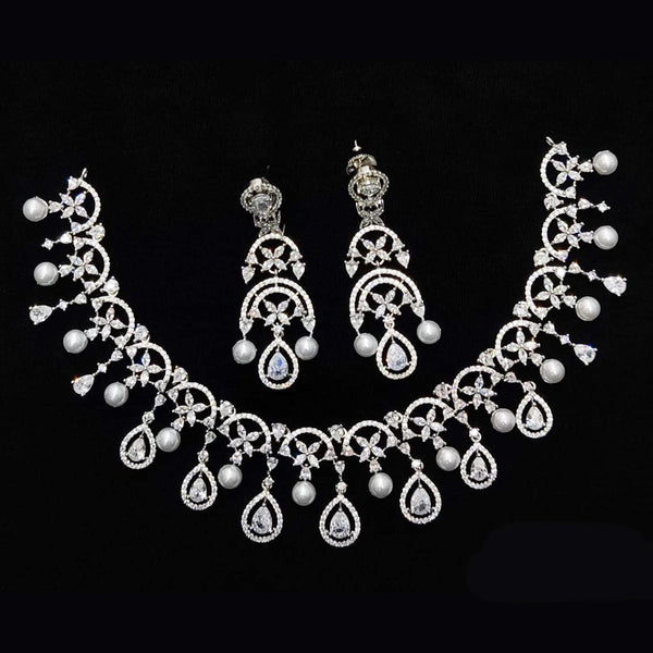 Kavita Art Silver Plated American Diamond And Pearls Necklace Set