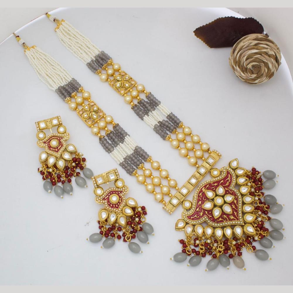 Kavita Art Gold Plated Kundan Stone Pearl And Beads Meenakari Long Necklace Set