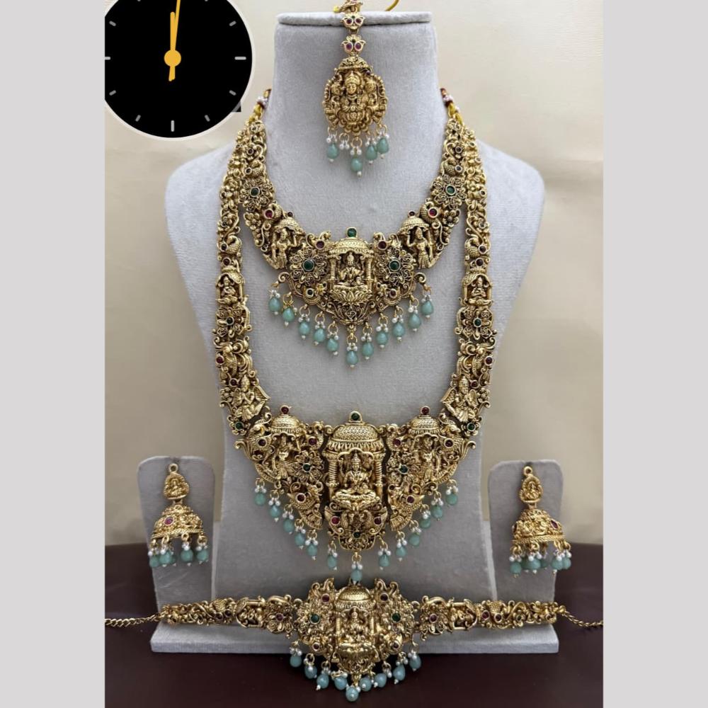 Kavita Art Royal Pota Stone Double Temple Necklace set With Mangtikka & Kamarband