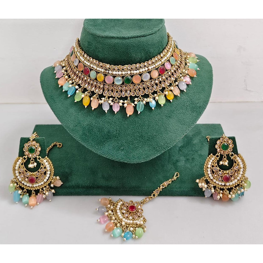 Kavita Art Luxurious Crystal Stone Pearl And Beads Choker Necklace Set