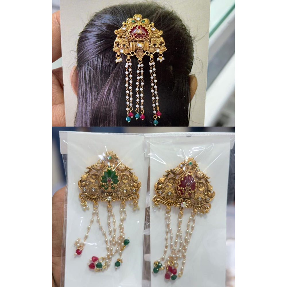 Kavita Art Classic Pota Stone And Pearl Hair Brooch (Assorted Desing)