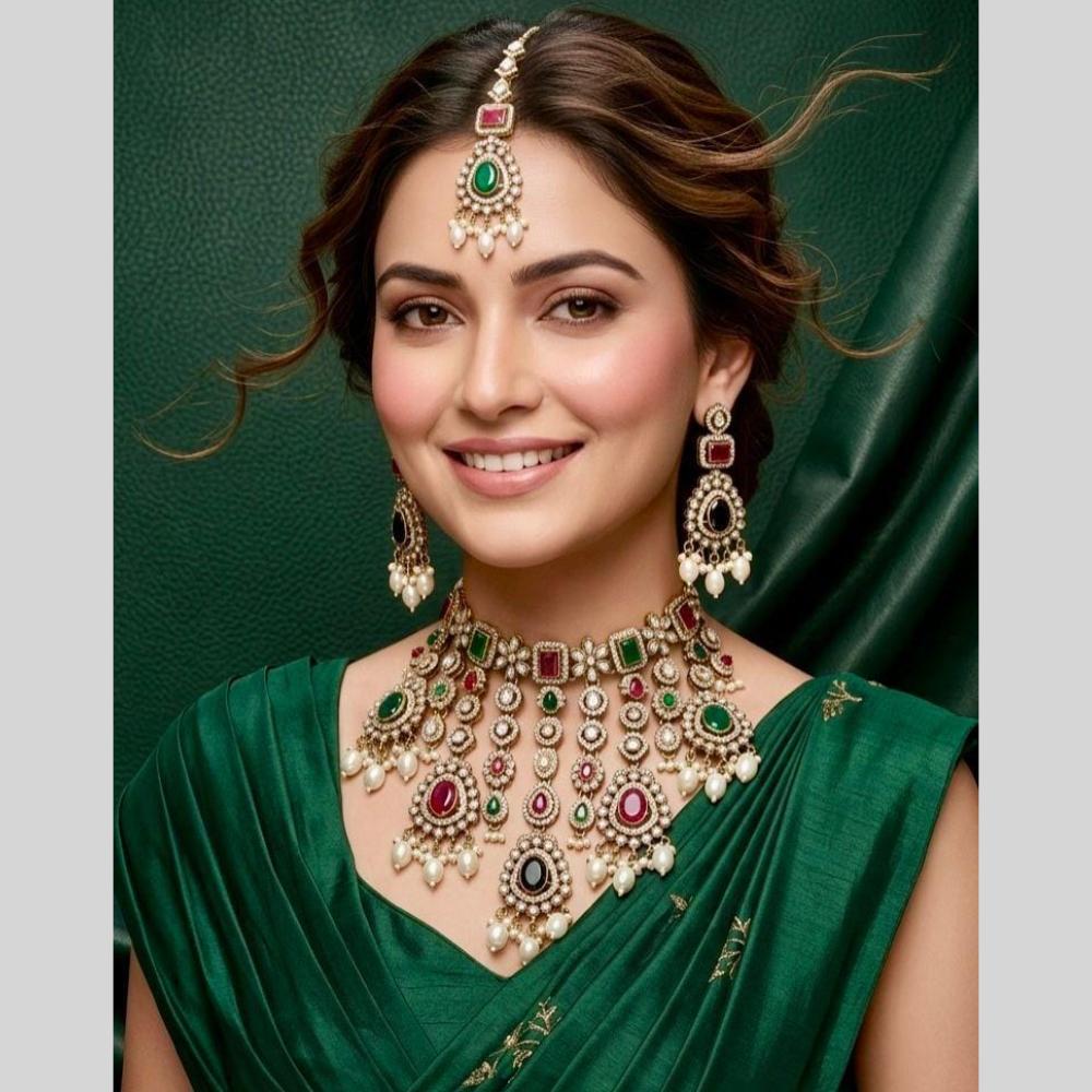 Kavita Art Classic Ethnic Pota Stone Pearl And Beaded Choker Necklace Set