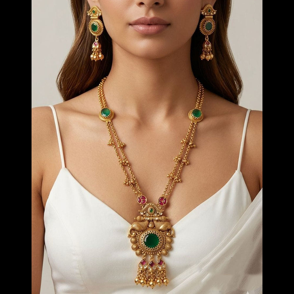 Kavita Art Elegant Pota Stone And Pearl Long Necklace Jewellery Set