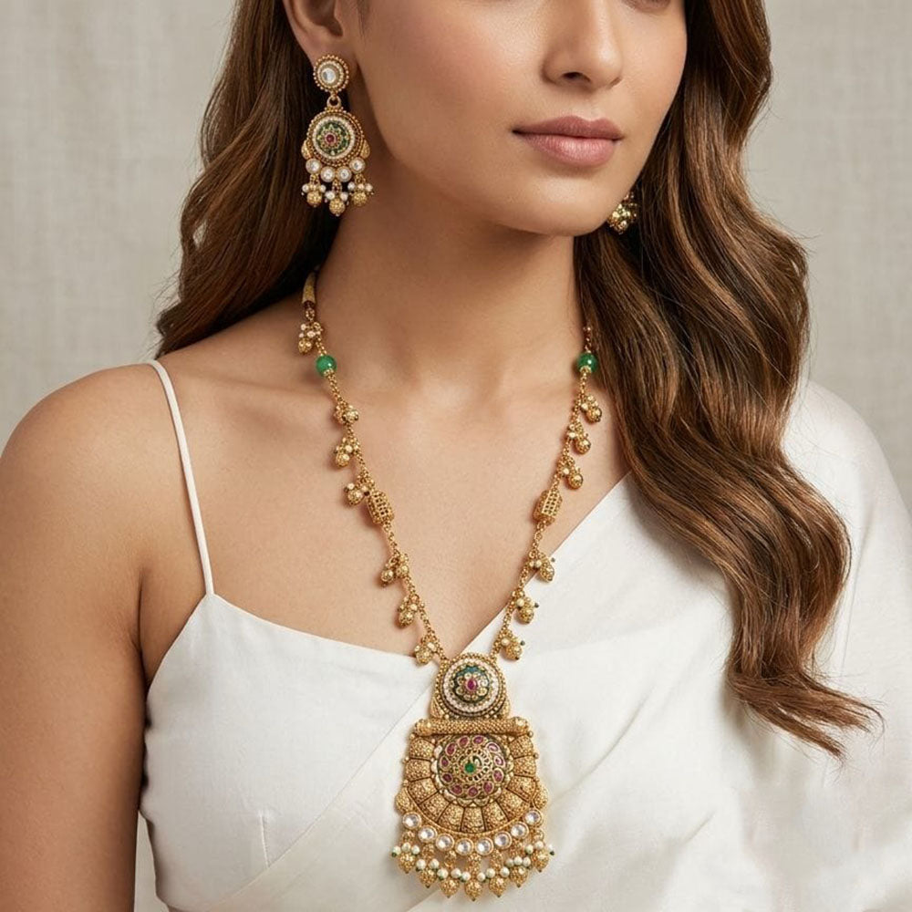 Kavita Art Elegant Pota Stone And Pearl Long Necklace Jewellery Set