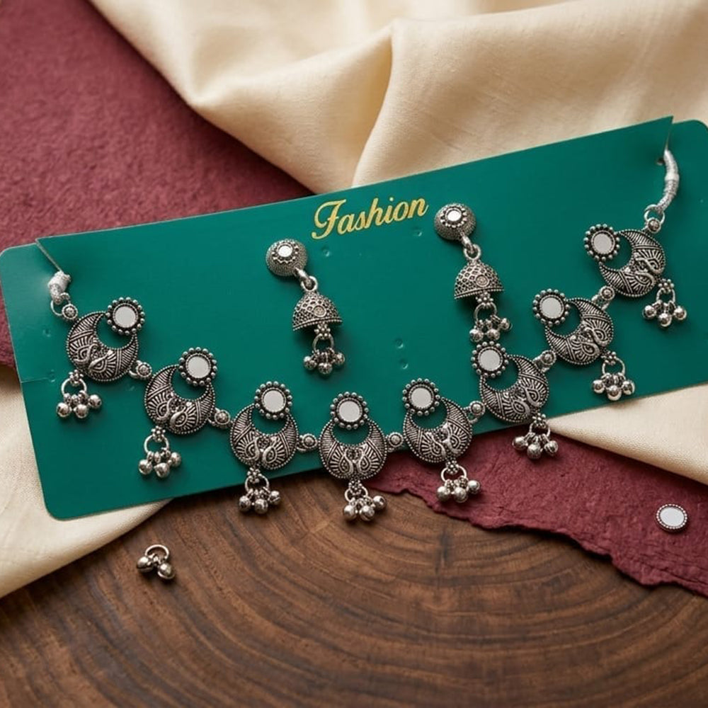 Kavita Art Boho Style Oxidised Plated Mirror And Pearl Necklace Set