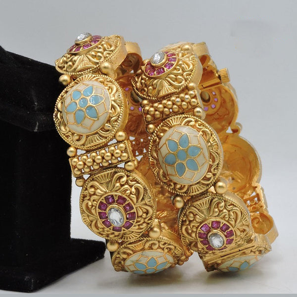 Soni Art Jewellery Gold Plated Pota Stone And Meenakari Openable Bangle Set