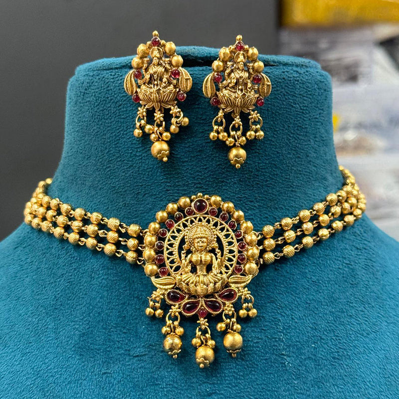 Sona Creation Gold Plated Pota Stone And Pearl Temple Choker Necklace Set