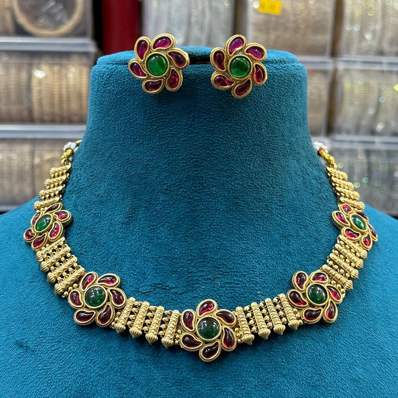 Sona Creation Gold Plated Pota Stone And Pearl  Choker Necklace Set