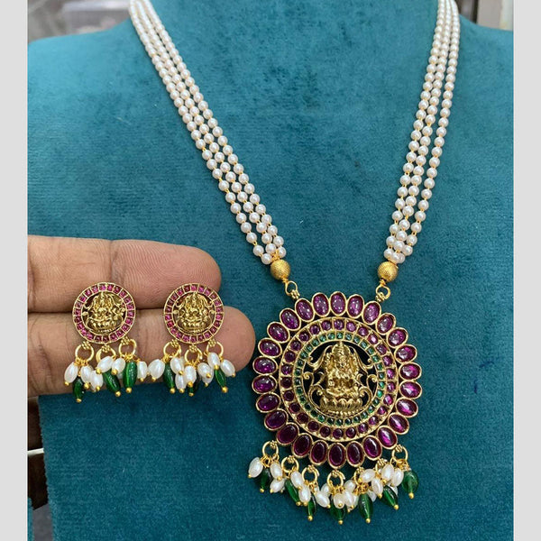 Sona Creation Gold Plated Pota Stone Temple Long Necklace Set