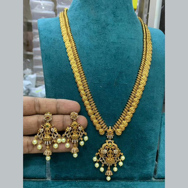 Sona Creation Gold Plated AD Temple Long Necklace Set