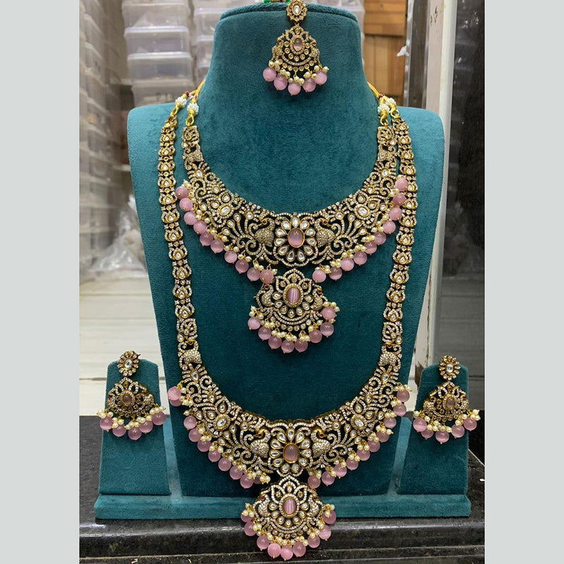 Sona Creation Gold Plated AD Double Long Necklace Set