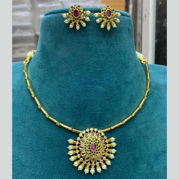 Sona Creation Gold Plated Pota Stone And Pearls Necklace Set