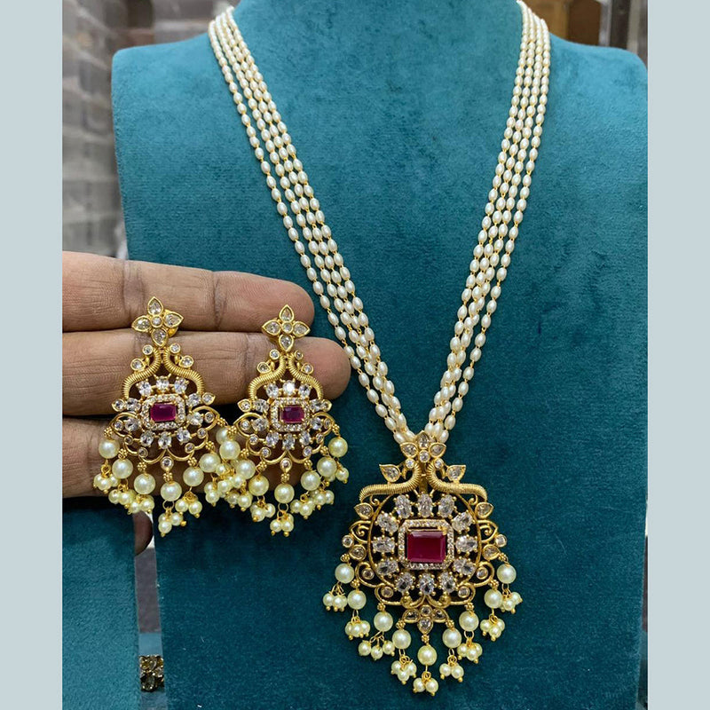 Sona Creation Gold Plated AD And Pearls Long Necklace Set