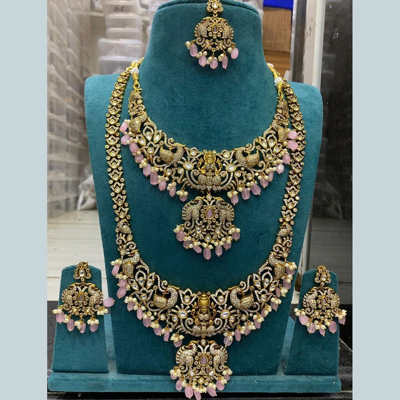 Sona Creation Gold Plated Polki Kundan Temple Semi Bridal Necklace Set