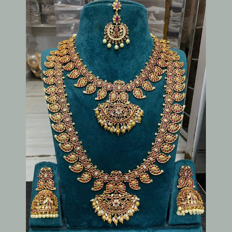 Sona Creation Gold Plated Pota Stone Double Necklace Set