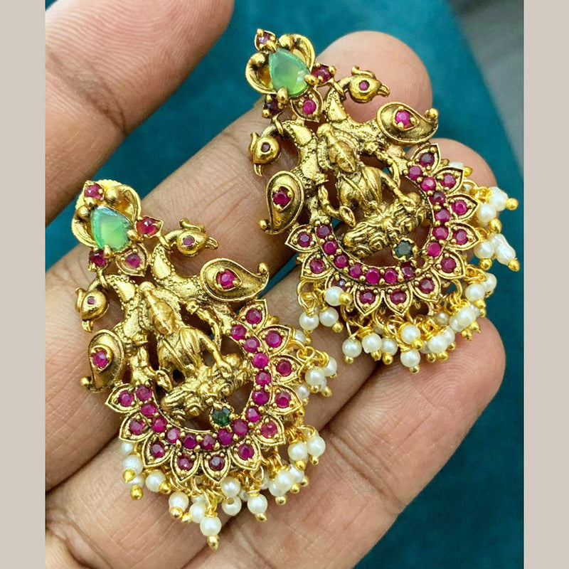 Sona Creation Gold Plated Pota Stone And Pearls Temple Dangler Earrings