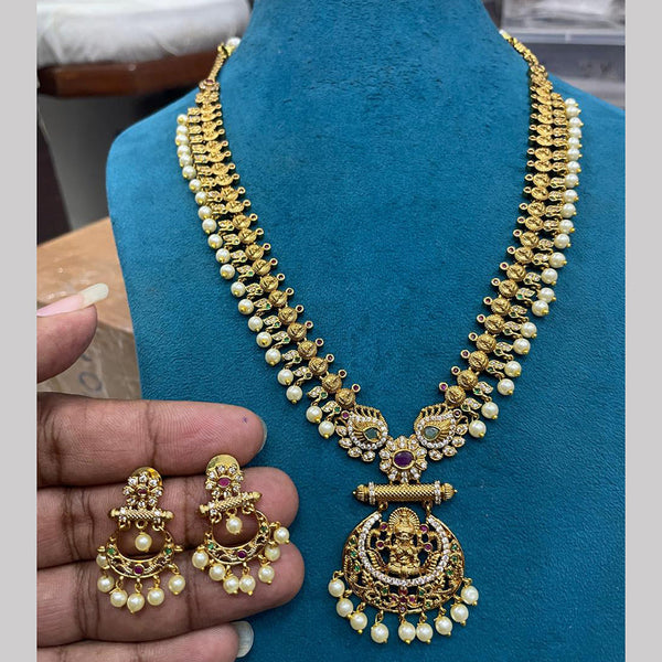 Sona Creation Gold Plated Pota Stone Temple Long Necklace Set