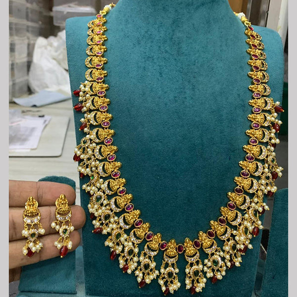 Sona Creation Gold Plated Pota Stone Temple Long Necklace Set