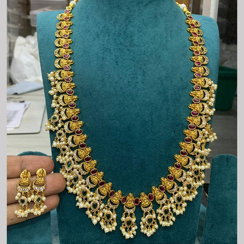 Sona Creation Gold Plated Pota Stone Temple Long Necklace Set