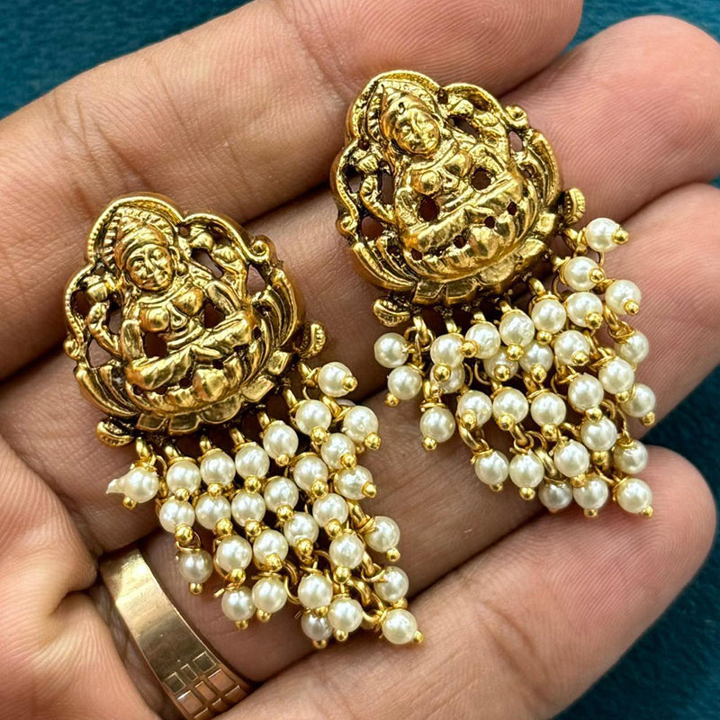 Sona Creation Gold Plated Pearls Temple Dangler Earrings