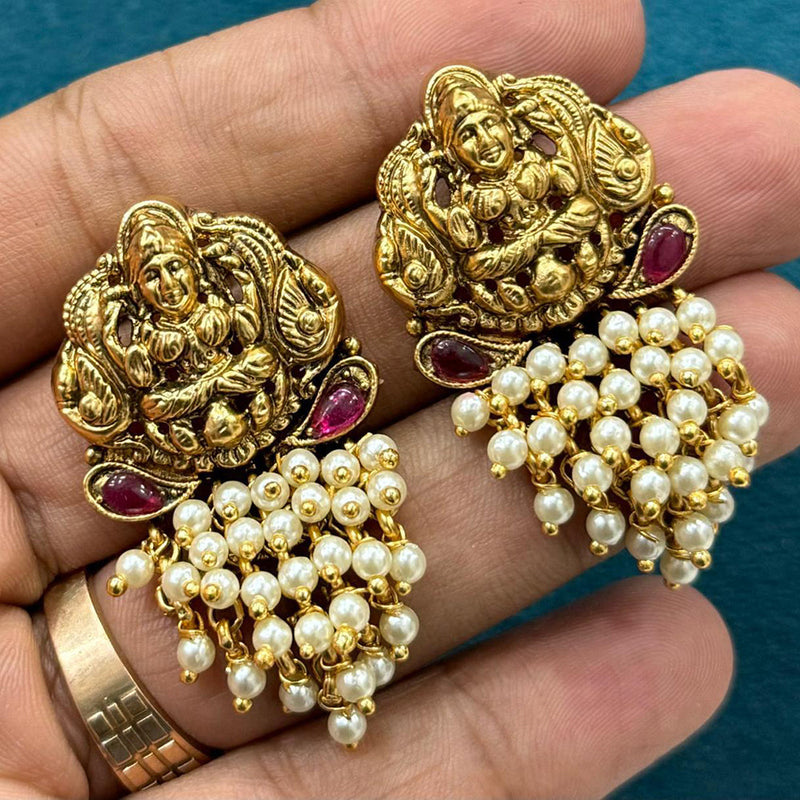 Sona Creation Gold Plated Kundan Stone Pearls Temple Dangler Earrings