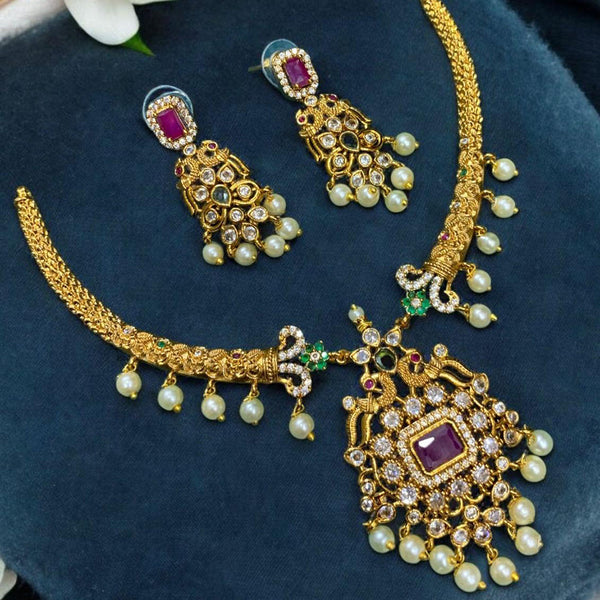 Sona Creation Gold Plated Pearl And AD Necklace Set