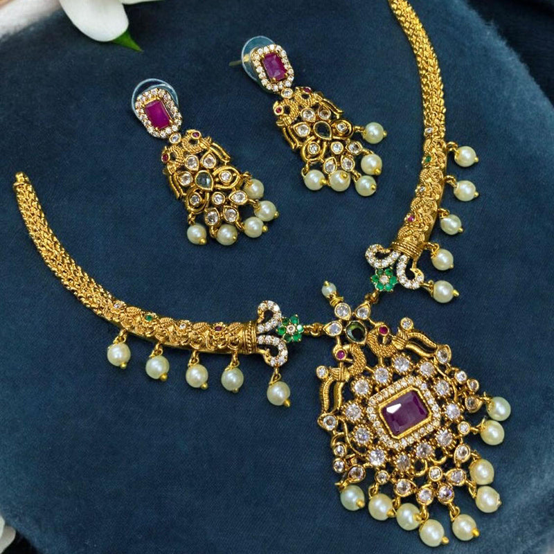 Sona Creation Gold Plated Pearl And AD Necklace Set