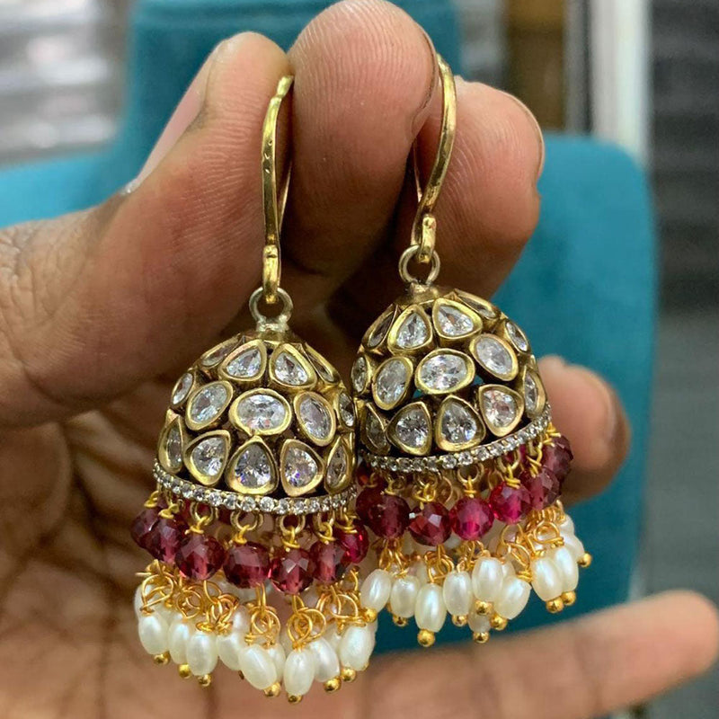 Sona Creation Gold Plated Polki Kundan Stone And Pearls Jhumki Earrings