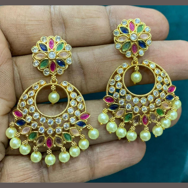 Sona Creation Gold Plated Pota Stone And Pearl Dangler Earrings