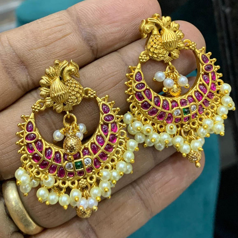 Sona Creation Gold Plated Pota Stone And Pearl Peacock Dangler Earrings