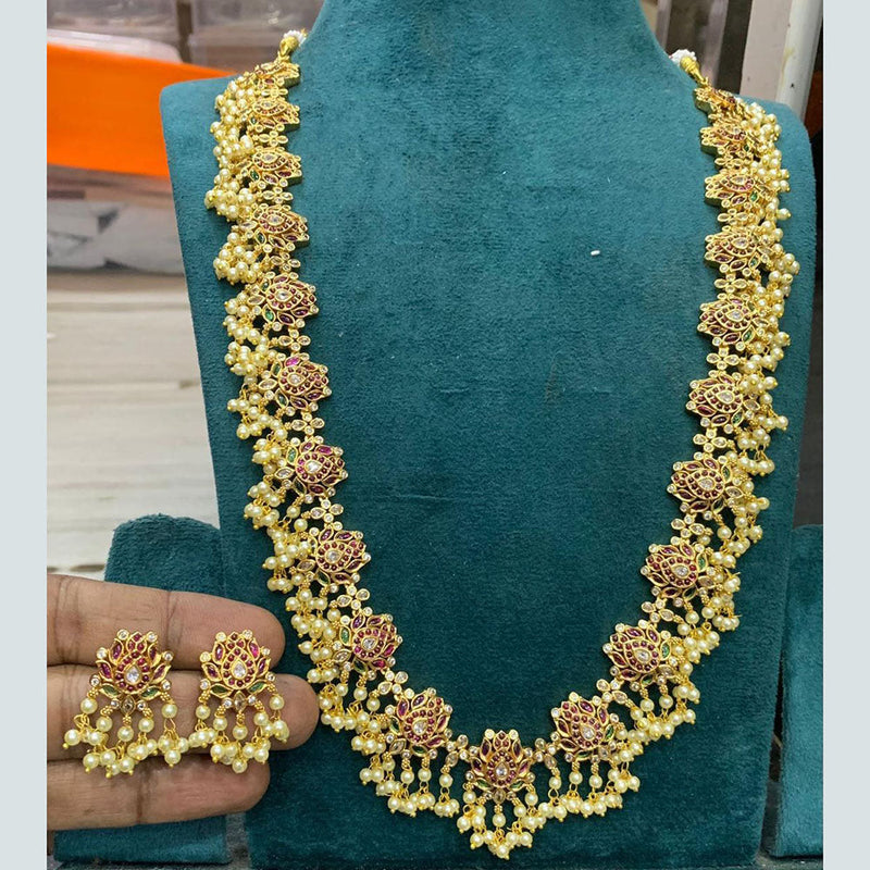 Sona Creation Gold Plated Pota Stone And Pearls Long Necklace Set