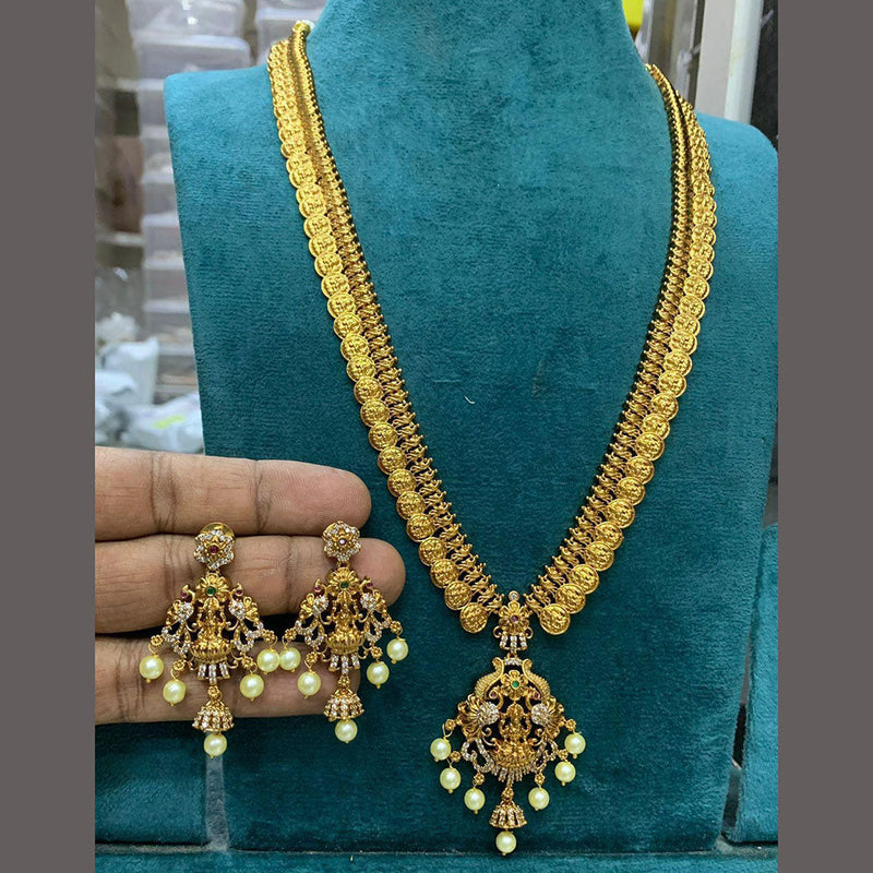 Sona Creation Gold Plated Austrian Stone Temple Long Necklace Set