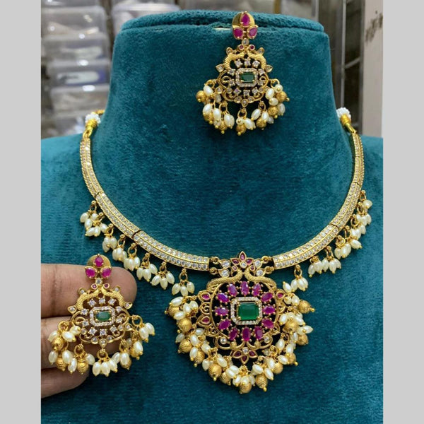 Sona Creation Gold Plated AD  Stone And Pearls Necklace Set